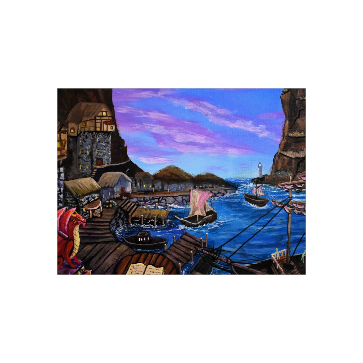Harbor at Dusk Fine Art Poster — Nautical Village Seaside Print