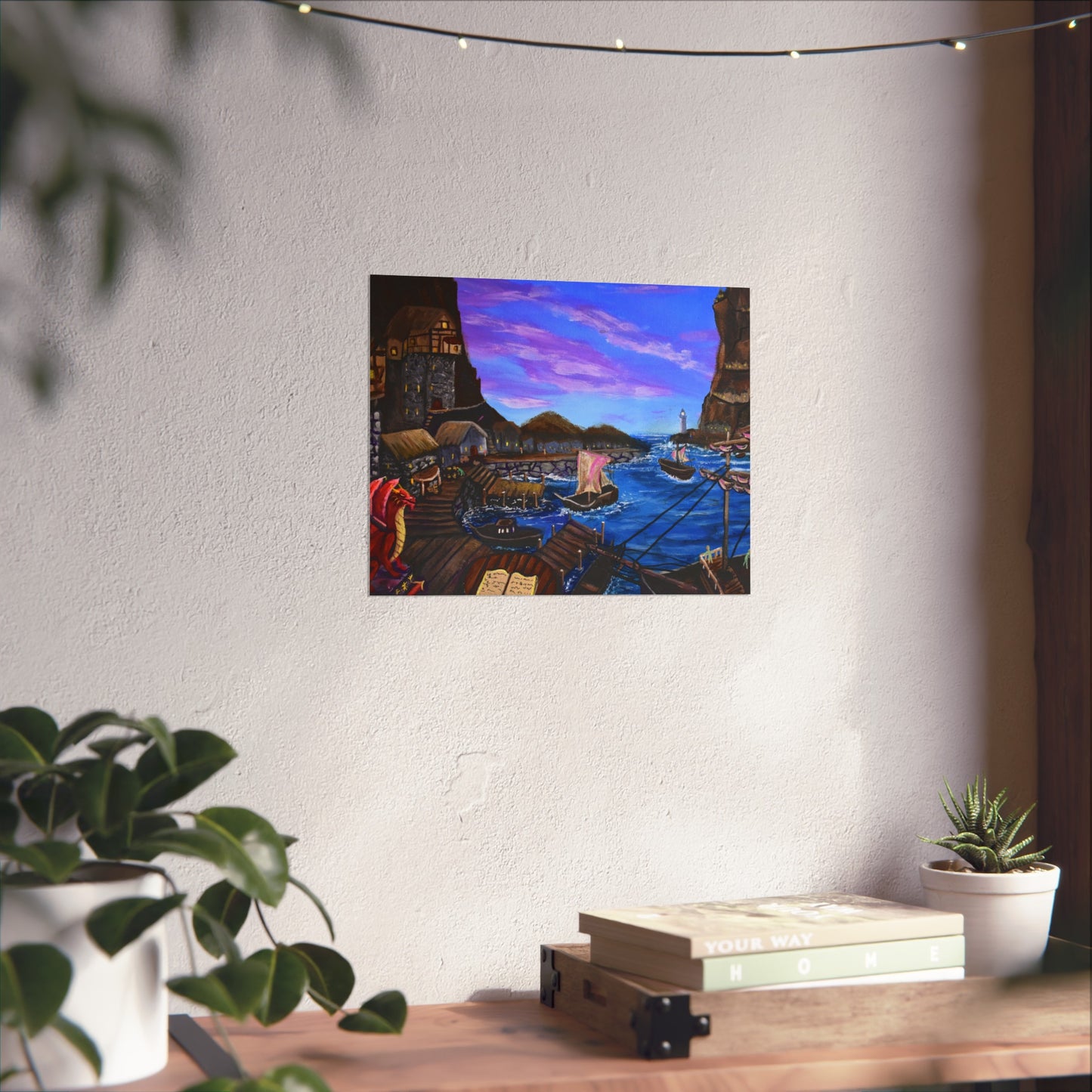 Harbor at Dusk Fine Art Poster — Nautical Village Seaside Print