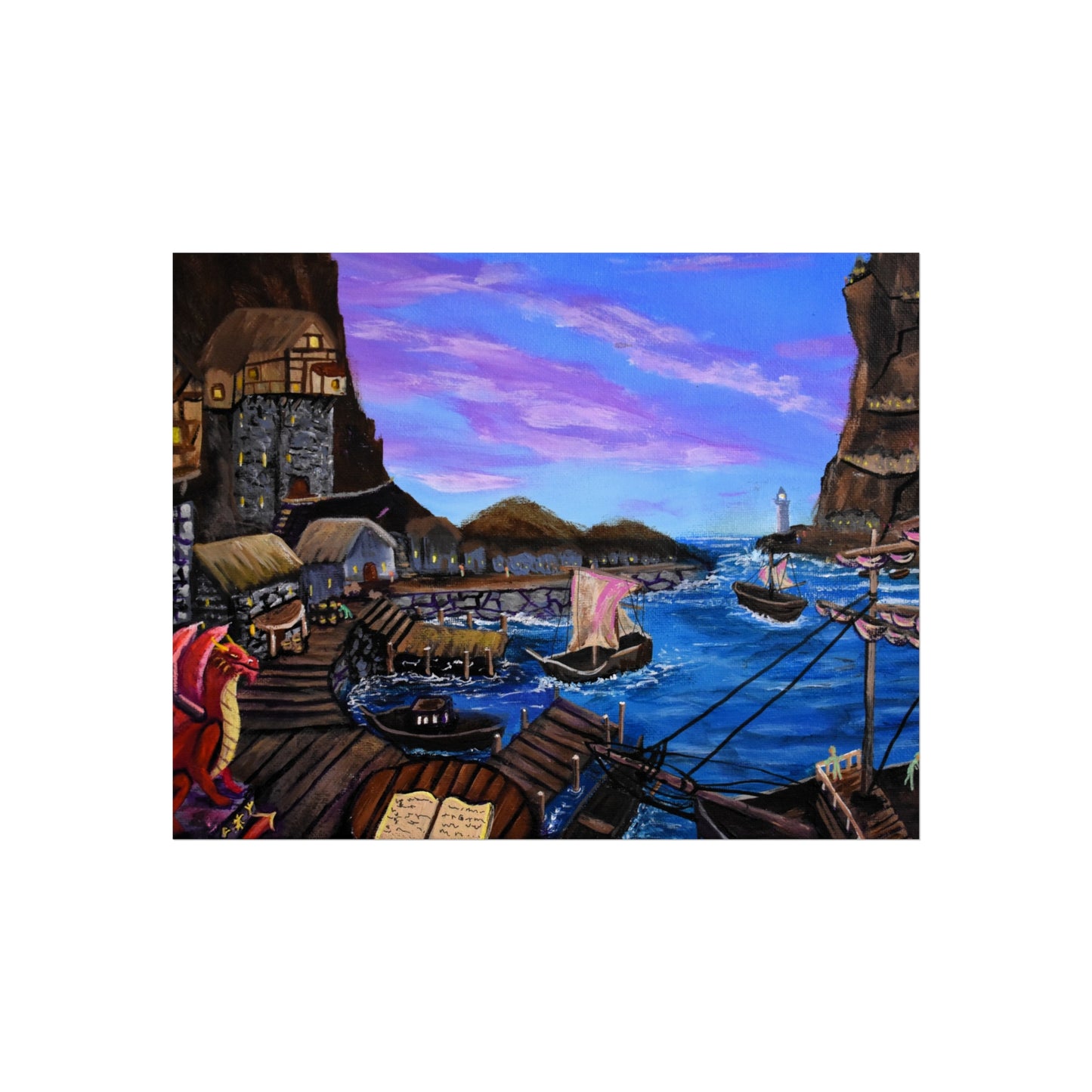 Harbor at Dusk Fine Art Poster — Nautical Village Seaside Print