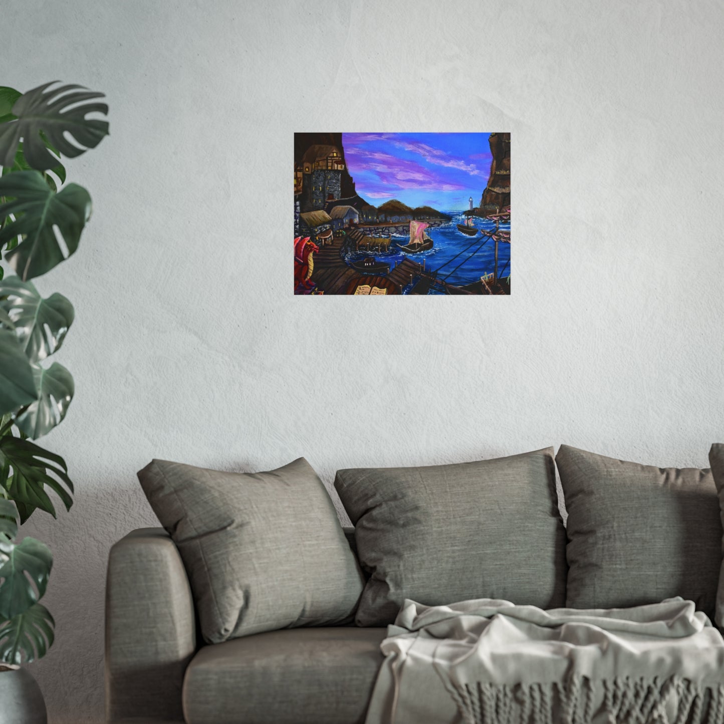 Harbor at Dusk Fine Art Poster — Nautical Village Seaside Print